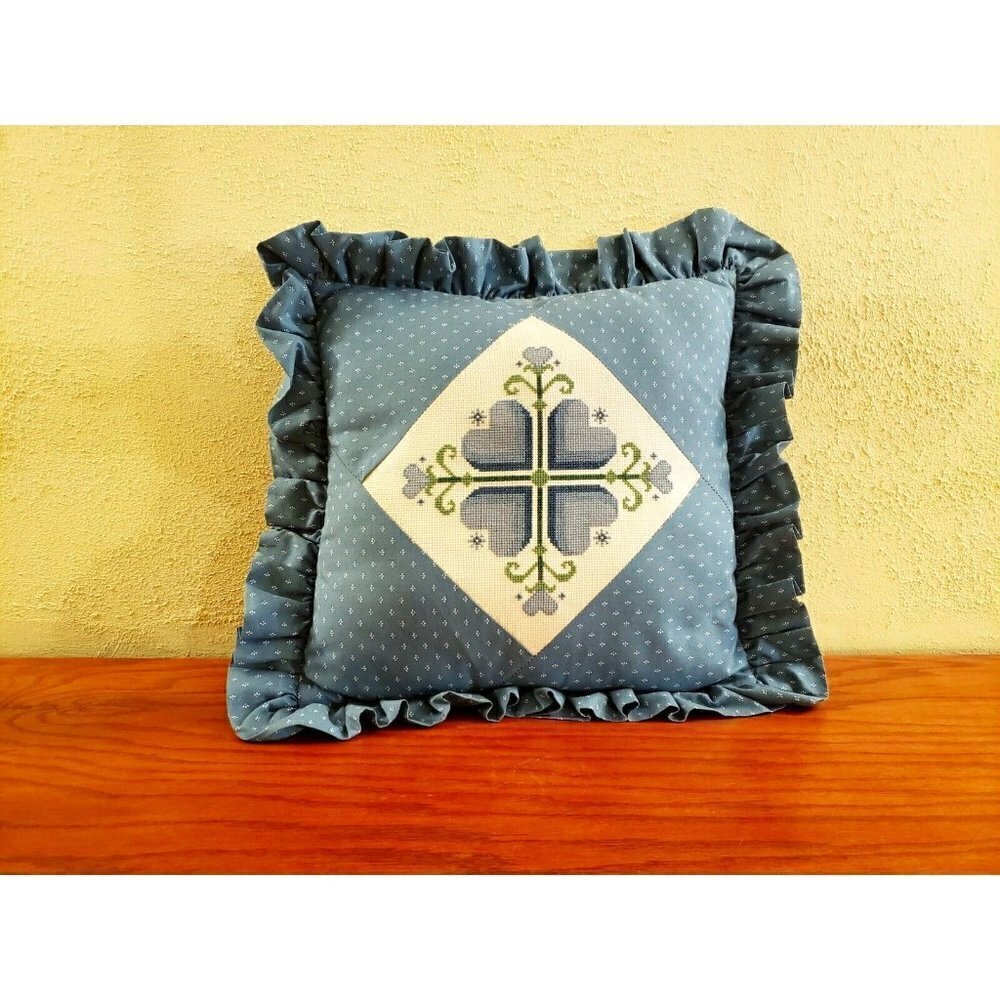 Vintage Needlepoint Petit Point Hearts Ruffle Pillow Farmhouse Cottage 15 x 16